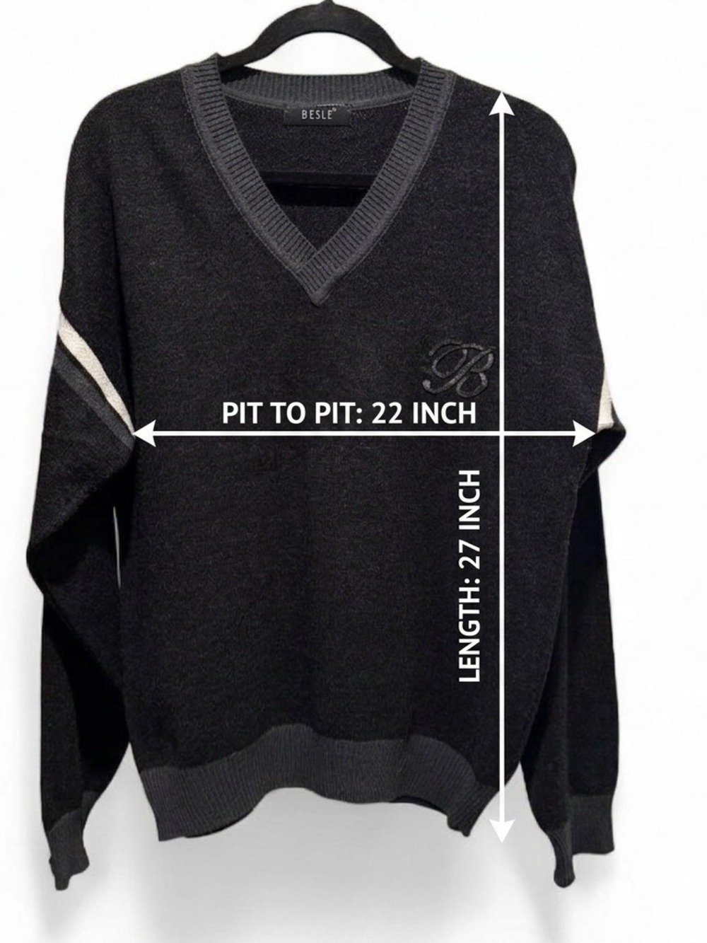 Besle Men's Black V-Neck Sweater with Contrast Stripe - Picture 6 of 6